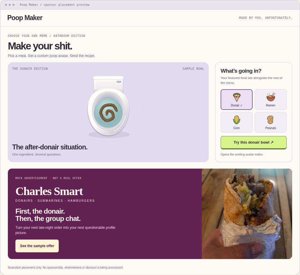 Miniature Poop Maker with a purple Charles Smart Donairs sample banner